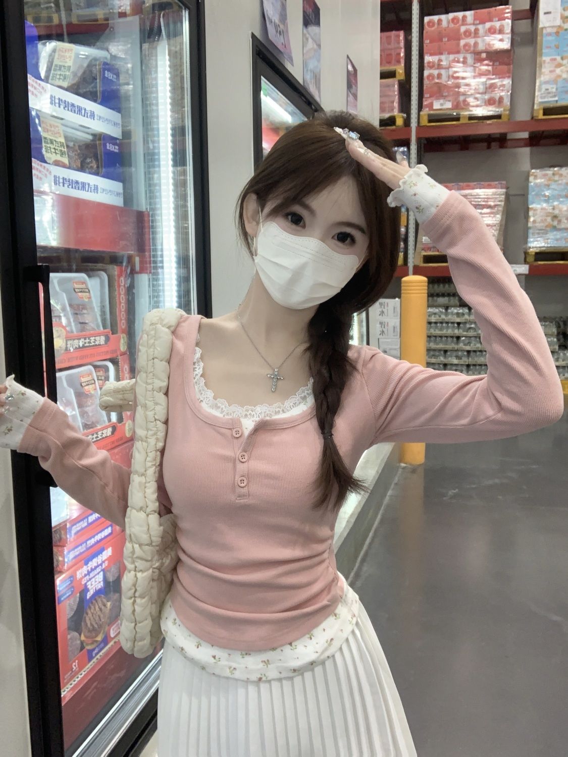 Undershirt Crew Neck - เสื้อยืดแขนยาวคอกลมลายดอกไม้สีชมพูแบบสองชิ้นสำหรับผู้หญิง ฤดูใบไม้ร่วง 2026 ทรงเข้ารูป เสื้อครอปท็อปพื้นฐานสำหรับใส่เป็นเสื้อตัวใน