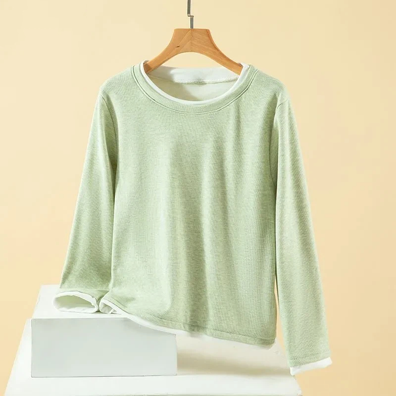 Undershirt Crew Neck - เสื้อผู้หญิงไซส์ใหญ่ ทรงสองชิ้นปลอม คอกลม ผ้าดราลอน เสื้อกันหนาวแขนยาว ผ้าฟลีซ