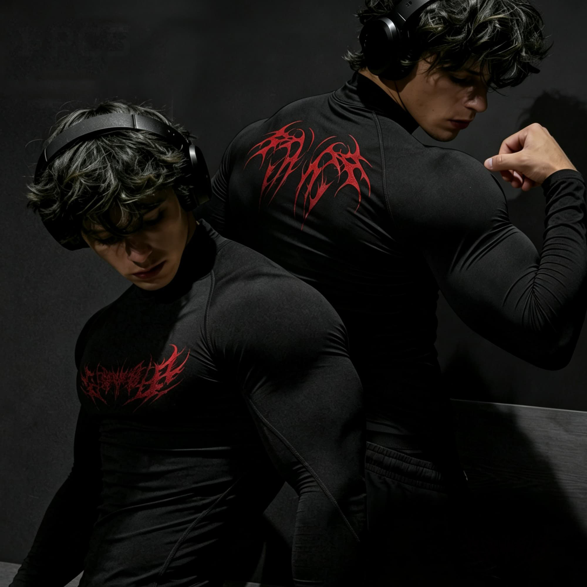 Base Layer Top - เสื้อคอเต่าพิมพ์ลายหนามแบบนามธรรมสไตล์พังก์ดาร์ค สองด้าน ทรงเข้ารูป แขนยาว เหมาะสำหรับใส่เป็นเสื้อตัวในสำหรับออกกำลังกายหรือใส่ลำลอง